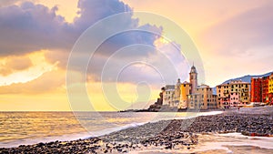 Scenic Mediterranean riviera coast. Panoramic view of Camogli town in Liguria, Italy. Basilica of Santa Maria Assunta and colorful