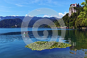 Scenic morning view of St. Martin`s Parish Church near Bled Lake. Beautiful autumn weather during sunrise.