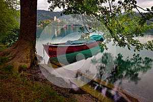 Scenic morning view of St. Martin`s Parish Church near Bled Lake. Beautiful autumn weather during sunrise.