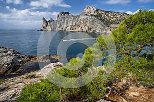 Scenic mountain Karaul-Oba nearby coastline of Black Sea. Structure formed by pre-historic corals. Shot near town Novyi photo