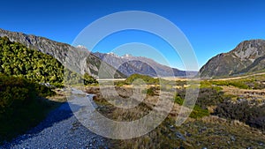 Scenic mountain landscape along Kea Point Track in Aoraki Mount Cook National Park