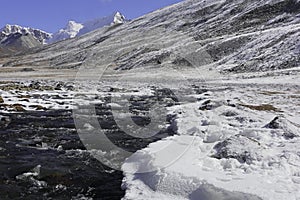 scenic mountain landscape and snow covered river valley at zero point or yumesodong, surrounded by snow clad himalaya mountains