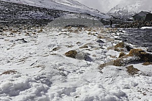 scenic mountain landscape and snow covered river valley at zero point or yumesodong, surrounded by snow clad himalaya mountains