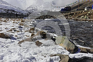 scenic mountain landscape and snow covered river valley at zero point or yumesodong, surrounded by snow clad himalaya mountains