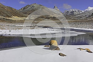 scenic mountain landscape and snow covered river valley at zero point or yumesodong, surrounded by snow clad himalaya mountains