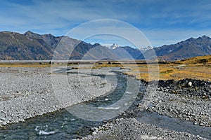 Scenic mountain ranges in Ashburton Lakes region in New Zealand