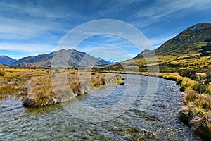 Scenic mountain ranges in Ashburton Lakes region in New Zealand