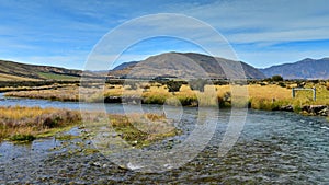 Scenic mountain ranges in Ashburton Lakes region in New Zealand