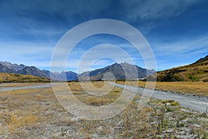 Scenic mountain ranges used for filming Lord of the Rings movie in Ashburton Lakes, New Zealand