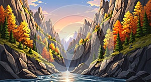 A scenic mountain valley with a river flowing through it during autumn sunset