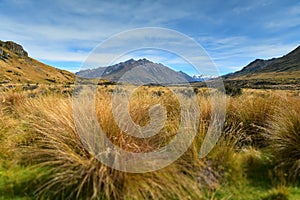 Scenic mountains in Ashburton Lakes region in New Zealand