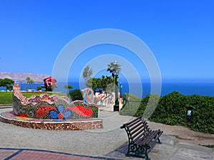 Scenic multicolored tiled bench in a love park, Lima