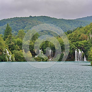 In the scenic national park of Plitvice Lakes in Croatia
