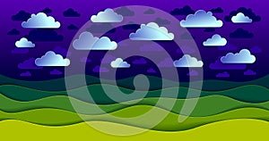 Scenic nature landscape of green grass meadow in the night and clouds in the sky cartoon paper cut modern style vector