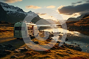 Scenic nature mountain view with a road side parked RV motorhome. Travelling in camper van. Planning a road trip adventure