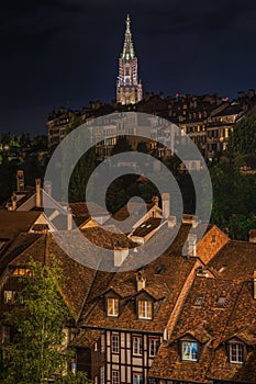 Scenic night aerial view of Bern's old town seen from Rose Garden viewpoint, Switzerland.