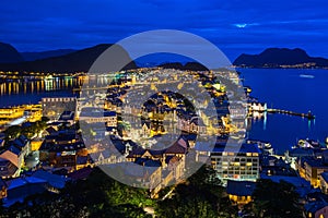 Scenic night cityscape of Alesund viewed from Aksla hill, More og Romsdal, Norway