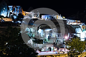 Scenic night landscape view of Goreme. Town in Cappadocia. Famous touristic place and travel destination inTurkey