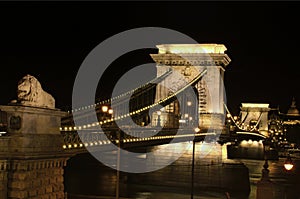 Scenic night light landscape of Budapest. Illuminated Chain Bridge over Danube river. Close-up view