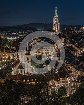 Scenic night panorama of Bern Old Town seen from Rose Garden viewpoint