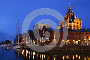 Scenic night panorama of the Old Town in Helsinki,