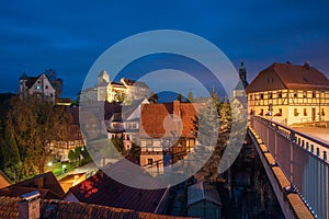 Scenic night scape of Hohnstein town with Hohnstein castle and neat timber framing houses in Saxon Switzerland, Germany