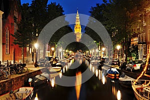 Scenic night view of Amsterdam canal, Holland