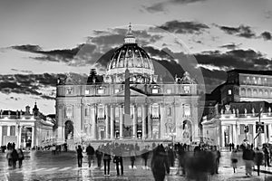 Scenic night view of St. Peter& x27;s Cathedral in Rome, Italy