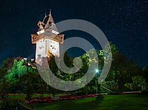 Scenic night view of famous Grazer Uhrturm - clock tower, Graz, Styria region, Austria photo