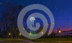 Scenic nightscape of first hyperboloid water tower of engineer Shukhov in Cherkasy, Ukraine