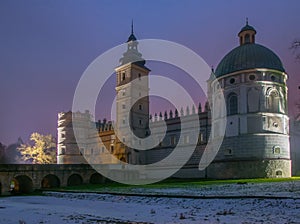 Scenic nightscape of renaissance castle in Krasiczyn, Podkarpackie voivodeship, Poland