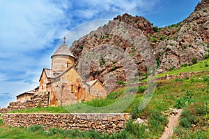 Scenic Novarank monastery in Armenia. against dramatic sky. Noravank monastery was founded in 1205. It is located 122 km