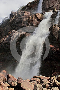 Scenic nuranang waterfall or jang falls, popular tourist attraction of tawang in arunachal pradesh, india