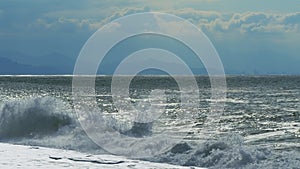 Scenic Ocean Coastline. Wavey Sea Motion With Storm With A Day. Sea Waves And A Strong Storm. Slow motion.