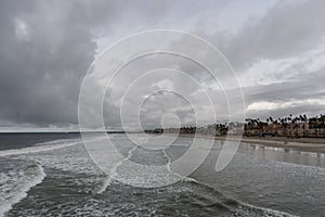 Scenic Oceanside vista viewed from the pier on a rainy winter day