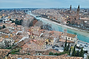 Mediterranean ancient city Verona at river aerial view