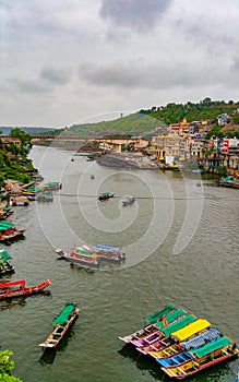 Scenic Omkareshwar town on the banks of holy Narmada river in Madhya pradesh, India