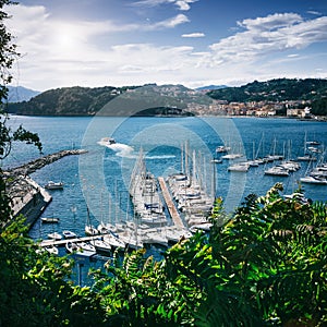 Scenic overview of white sailing boats, moored in harbour port of Lerici, Liguria, Italy. Picturesque travel destination postcard