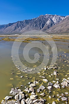 Scenic Owens lake landscape, surrounded with Sierra mountains in California.