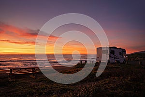 Scenic Pacific Ocean Sunset From a Camper Van Class C Motorhome