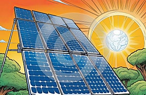 A scenic painting of a solar panel on a slope with the sun in the background