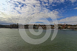 Scenic panorama of ancient Fisherman\'s Bastion and Budapest Castle on the hill. Danube river in Budapest, Hungary