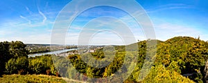 Scenic panorama from the Drachenburg Castle overlooking the valley down to the Rhine river.