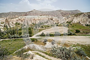 Scenic panorama landscape view of red and rose valley showing unique rough stone mountain and green desert plant with sky