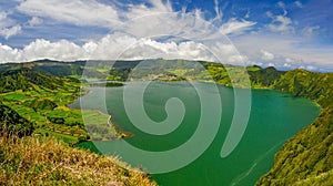 Scenic panorama of Sete Citades volcanic crater lake in Sao Miguel photo