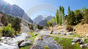 Scenic  panorama of sunny day on hiking track around among Fann mountains, Tajikistan