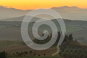 Scenic panorama of the Tuscan landscape with hills and harvest fields in golden morning light, Val d'Orcia, Italy.