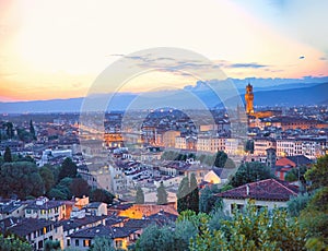 Scenic panorama view. Arno river and Ponte Vecchio panorama of Florence. Nice sunny skyline of Florence. Florence panorama city