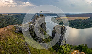 Scenic panorama view from the hill to the reservoir on the Dniester river, Ukraine.