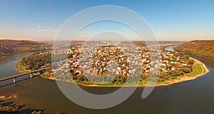 Scenic panorama of Zalishchyky town and the Dniester River. View from viewpoint in Khreshchatyk village, Ternopil region, Ukraine